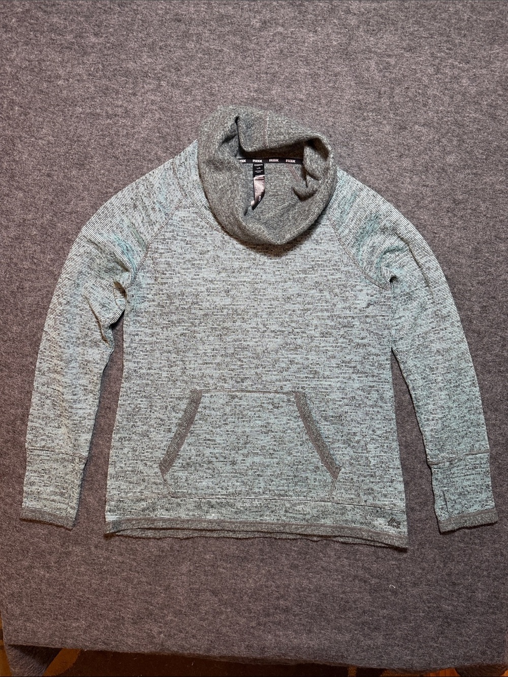 RBX Pullover Sweatshirt Womens Size L Gray Space Dye Cowl Neck Kangaroo